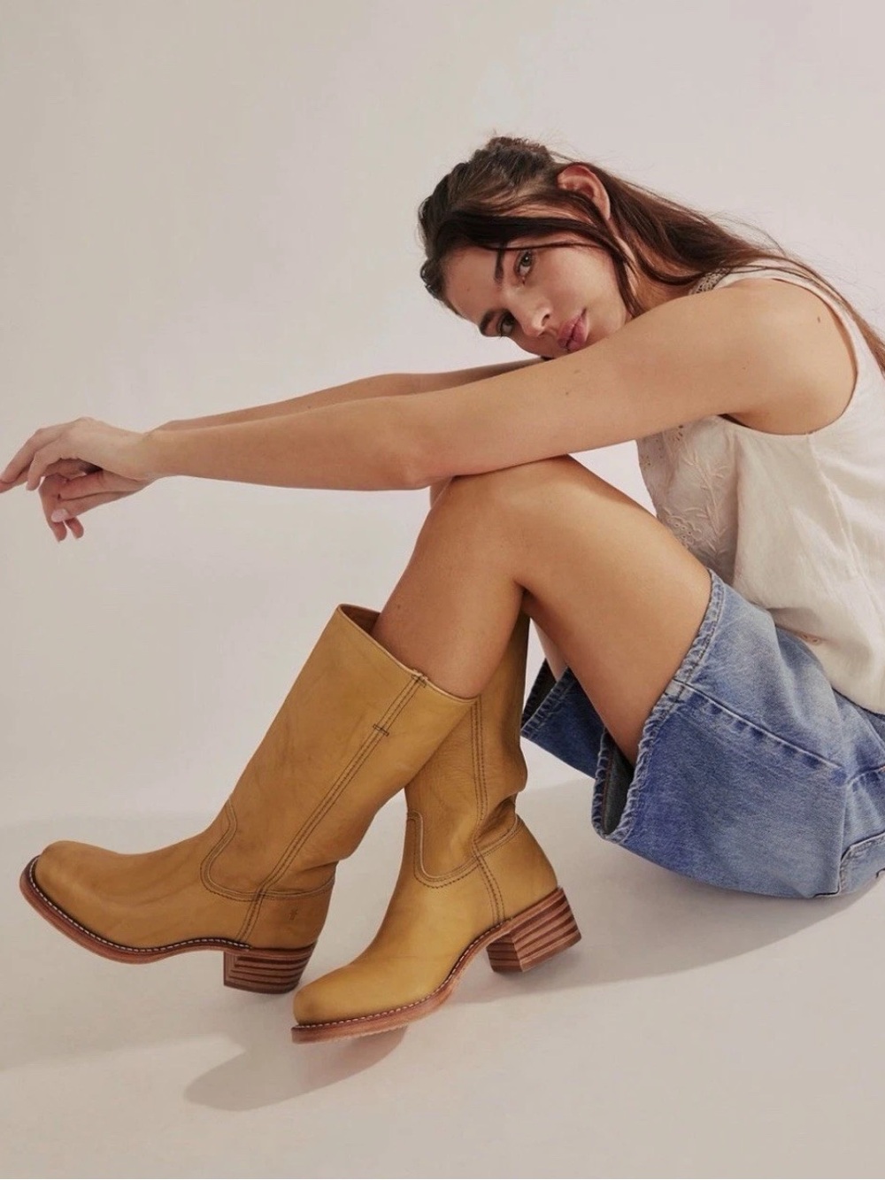 Frye Campus 14L Banana Yellow Tan Leather Vintage Knee High Pull On Tall Boots